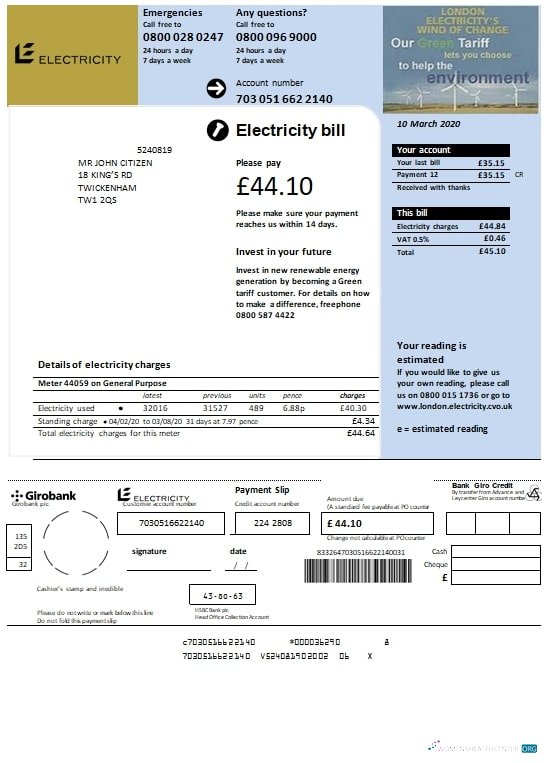 download download United Kingdom Electricity utility bill template in Word and PDF format PDF template PDF template